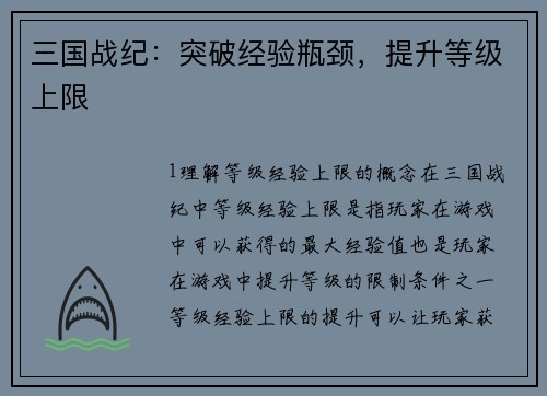 三国战纪：突破经验瓶颈，提升等级上限